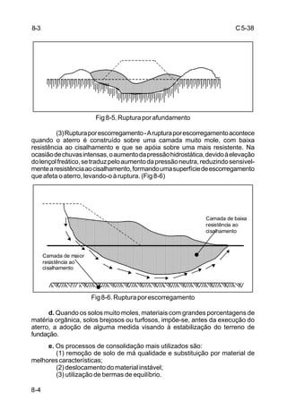 C5-38
8-4
Fig8-5.Rupturaporafundamento
(3)Rupturaporescorregamento-Arupturaporescorregamentoacontece
quando o aterro é construído sobre uma camada muito mole, com baixa
resistência ao cisalhamento e que se apóia sobre uma mais resistente. Na
ocasiãodechuvasintensas,oaumentodapressãohidrostática,devidoàelevação
dolençolfreático,setraduzpeloaumentodapressãoneutra,reduzindosensivel-
mentearesistênciaaocisalhamento,formandoumasuperfíciedeescorregamento
que afeta o aterro, levando-o à ruptura. (Fig 8-6)
Fig8-6.Rupturaporescorregamento
d. Quando os solos muito moles, materiais com grandes porcentagens de
matéria orgânica, solos brejosos ou turfosos, impõe-se, antes da execução do
aterro, a adoção de alguma medida visando à estabilização do terreno de
fundação.
e. Os processos de consolidação mais utilizados são:
(1) remoção de solo de má qualidade e substituição por material de
melhorescaracterísticas;
(2) deslocamento do material instável;
(3) utilização de bermas de equilíbrio.
Camada de ma o
ess ênca ao
c sa hamen o
Camada de ba xa
ess ênca ao
c sa hamen o
8-3
 