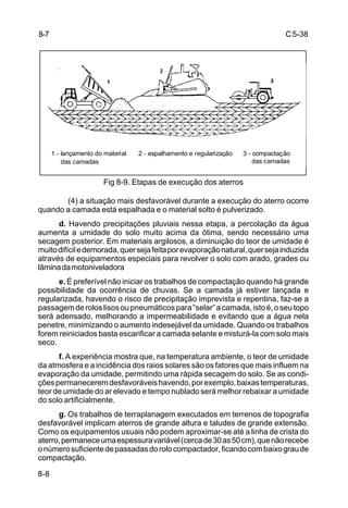 C5-38
8-8
Fig 8-9. Etapas de execução dos aterros
(4) a situação mais desfavorável durante a execução do aterro ocorre
quando a camada está espalhada e o material solto é pulverizado.
d. Havendo precipitações pluviais nessa etapa, a percolação da água
aumenta a umidade do solo muito acima da ótima, sendo necessário uma
secagem posterior. Em materiais argilosos, a diminuição do teor de umidade é
muitodifíciledemorada,quersejafeitaporevaporaçãonatural,quersejainduzida
através de equipamentos especiais para revolver o solo com arado, grades ou
lâminadamotoniveladora
e. É preferível não iniciar os trabalhos de compactação quando há grande
possibilidade da ocorrência de chuvas. Se a camada já estiver lançada e
regularizada, havendo o risco de precipitação imprevista e repentina, faz-se a
passagemderoloslisosoupneumáticospara“selar”acamada,istoé,oseutopo
será adensado, melhorando a impermeabilidade e evitando que a água nela
penetre, minimizando o aumento indesejável da umidade. Quando os trabalhos
forem reiniciados basta escarificar a camada selante e misturá-la com solo mais
seco.
f. A experiência mostra que, na temperatura ambiente, o teor de umidade
da atmosfera e a incidência dos raios solares são os fatores que mais influem na
evaporação da umidade, permitindo uma rápida secagem do solo. Se as condi-
çõespermaneceremdesfavoráveishavendo,porexemplo,baixastemperaturas,
teor de umidade do ar elevado e tempo nublado será melhor rebaixar a umidade
do solo artificialmente.
g. Os trabalhos de terraplanagem executados em terrenos de topografia
desfavorável implicam aterros de grande altura e taludes de grande extensão.
Como os equipamentos usuais não podem aproximar-se até a linha de crista do
aterro,permaneceumaespessuravariável(cercade30as50cm),quenãorecebe
onúmerosuficientedepassadasdorolocompactador,ficandocombaixograude
compactação.
8-7
1 - lançamento do material 2 - espalhamento e regularização 3 - compactação
das camadasdas camadas
 