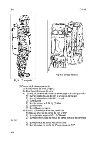 C5-38
9-4
(2)Composiçãodoequipamento
(a) 1 (um) estojo de lona; (Fig 9-2)
(b) 1 (um) penetrômetro de cone
(c)1(um)equipamentoextratorederemoldagemdesolo,queinclui:
1) 1 (uma) haste de aço de 3/8" e um cone de 0,2 pol
2) 1 (uma) haste de aço de 5/8" com pé
3) 1 (um) punho
4) 1 (um) martelo de 1,14 Kg (2,5 lb)
5) 1 (um) cilindro
6) 1 (uma) base com pino
(d) 1 (uma) bolsa de ferramentas, que inclui:
1) 2 (duas) chaves de porca de 1/2" x 9/l6"
2) 1 (uma) chave inglesa STILLSON de 6"
3) 1 (uma) combinação de chave de porca e chave de parafuso
de 1/4"
4) 1 (uma) chave de porca ALLEN de 3/16"
5) 1 (uma) chave de fenda de 2" com ponta de 1/8"
Fig9-1.Transporte
Fig 9-2. Estojo de lona
9-4
 