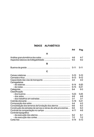 ÍNDICE ALFABÉTICO
Prf Pag
A
Análise granulométrica dos solos ................................................ 4-8 4-7
Aspectos básicos da trafegabilidade ........................................... 9-3 9-2
B
Bueirosdegreide ........................................................................ 5-11 5-11
C
Caixas coletoras ......................................................................... 5-10 5-10
Camada crítica............................................................................ 9-13 9-12
Capacidade das vias de transporte ............................................. 2-2 2-2
Carregadeiras
- de esteiras ........................................................................... 6-14 6-20
- de rodas............................................................................... 6-15 6-21
Categorias................................................................................... 6-4 6-3
Classificação
- dos bueiros .......................................................................... 5-23 5-25
- dos solos ............................................................................. 4-9 4-8
- dos trabalhos em estradas ................................................... 3-1 3-1
Colchãodrenante ........................................................................ 5-19 5-21
Composição dos solos ................................................................ 4-4 4-3
Consolidação dos terrenos de fundação dos aterros ................... 6-6 6-3
Construção de estradas de serviço e obras-de-arte provisórias ... 6-5 6-3
Controle da compactação no campo ........................................... 4-11 4-9
Controletopográfico
- da execução dos aterros...................................................... 8-2 8-1
- da execução dos cortes ....................................................... 7-2 7-2
Corta-rios .................................................................................... 5-14 5-13
 