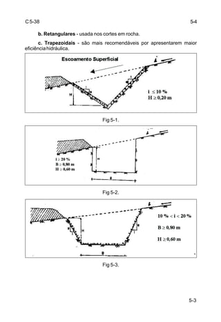5-3
C5-38
b. Retangulares - usada nos cortes em rocha.
c. Trapezoidais - são mais recomendáveis por apresentarem maior
eficiênciahidráulica.
Fig 5-1.
Fig 5-2.
Fig 5-3.
5-4
 