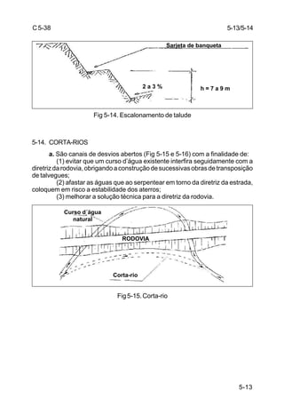 5-13
C5-38
Fig 5-14. Escalonamento de talude
5-14. CORTA-RIOS
a. São canais de desvios abertos (Fig 5-15 e 5-16) com a finalidade de:
(1) evitar que um curso d’água existente interfira seguidamente com a
diretrizdarodovia,obrigandoaconstruçãodesucessivasobrasdetransposição
de talvegues;
(2) afastar as águas que ao serpentear em torno da diretriz da estrada,
coloquem em risco a estabilidade dos aterros;
(3) melhorar a solução técnica para a diretriz da rodovia.
Fig5-15.Corta-rio
5-13/5-14
2 a 3 % h = 7 a 9 m
Sarjeta de banqueta
Corta-rio
RODOVIA
Curso d´água
natural
 