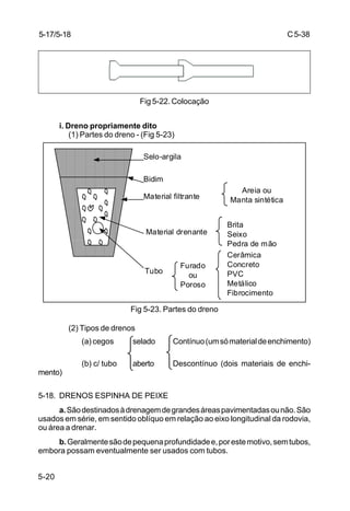 C5-38
5-20
Fig 5-22. Colocação
i. Dreno propriamente dito
(1) Partes do dreno - (Fig 5-23)
Fig 5-23. Partes do dreno
(2) Tipos de drenos
(a) cegos selado Contínuo(umsómaterialdeenchimento)
(b) c/ tubo aberto Descontínuo (dois materiais de enchi-
mento)
5-18. DRENOS ESPINHA DE PEIXE
a.Sãodestinadosàdrenagemdegrandesáreaspavimentadasounão.São
usados em série, em sentido oblíquo em relação ao eixo longitudinal da rodovia,
ou área a drenar.
b.Geralmentesãodepequenaprofundidadee,porestemotivo,semtubos,
embora possam eventualmente ser usados com tubos.
5-17/5-18
Bidim
Material filtrante
Material drenante
Tubo
Brita
Seixo
Pedra de mão
Areia ou
Manta sintética
Furado
ou
Poroso
Cerâmica
Concreto
PVC
Metálico
Fibrocimento
Selo-argila
 