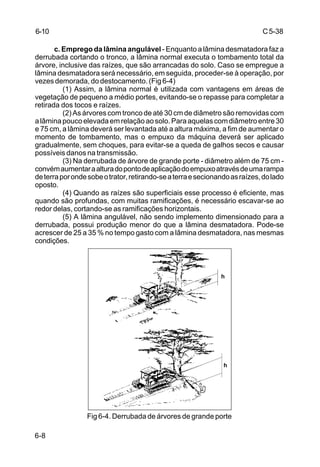 C5-38
6-8
c. Emprego da lâmina angulável - Enquanto a lâmina desmatadora faz a
derrubada cortando o tronco, a lâmina normal executa o tombamento total da
árvore, inclusive das raízes, que são arrancadas do solo. Caso se empregue a
lâmina desmatadora será necessário, em seguida, proceder-se à operação, por
vezes demorada, do destocamento. (Fig 6-4)
(1) Assim, a lâmina normal é utilizada com vantagens em áreas de
vegetação de pequeno a médio portes, evitando-se o repasse para completar a
retirada dos tocos e raízes.
(2) As árvores com tronco de até 30 cm de diâmetro são removidas com
alâminapoucoelevadaemrelaçãoaosolo.Paraaquelascomdiâmetroentre30
e 75 cm, a lâmina deverá ser levantada até a altura máxima, a fim de aumentar o
momento de tombamento, mas o empuxo da máquina deverá ser aplicado
gradualmente, sem choques, para evitar-se a queda de galhos secos e causar
possíveis danos na transmissão.
(3) Na derrubada de árvore de grande porte - diâmetro além de 75 cm -
convémaumentaraalturadopontodeaplicaçãodoempuxoatravésdeumarampa
deterraporondesobeotrator,retirando-seaterraesecionandoasraízes,dolado
oposto.
(4) Quando as raízes são superficiais esse processo é eficiente, mas
quando são profundas, com muitas ramificações, é necessário escavar-se ao
redor delas, cortando-se as ramificações horizontais.
(5) A lâmina angulável, não sendo implemento dimensionado para a
derrubada, possui produção menor do que a lâmina desmatadora. Pode-se
acrescer de 25 a 35 % no tempo gasto com a lâmina desmatadora, nas mesmas
condições.
Fig 6-4. Derrubada de árvores de grande porte
h
h
6-10
 