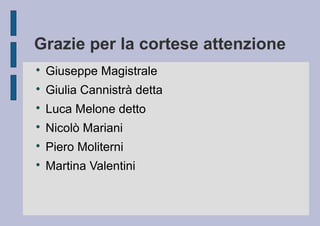 Grazie per la cortese attenzione


Giuseppe Magistrale



Giulia Cannistrà detta



Luca Melone detto



Nicolò Mariani



Piero Moliterni



Martina Valentini

 