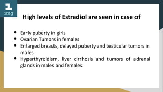 High levels of Estradiol are seen in case of
● Early puberty in girls
● Ovarian Tumors in females
● Enlarged breasts, delayed puberty and testicular tumors in
males
● Hyperthyroidism, liver cirrhosis and tumors of adrenal
glands in males and females
 
