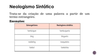 Neologismo Sintático
Trata-se da criação de uma palavra a partir de um
termo estrangeiro.
Exemplos:
 