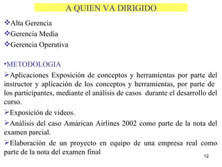 A QUIEN VA DIRIGIDO Alta Gerencia  Gerencia Media  Gerencia Operativa METODOLOGIA Aplicaciones Exposición de conceptos y herramientas por parte del instructor y aplicación de los conceptos y herramientas, por parte de  los participantes, mediante el análisis de casos  durante el desarrollo del curso. Exposición de videos. Análisis del caso Amárican Airlines 2002 como parte de la nota del examen parcial. Elaboración de un proyecto en equipo de una empresa real como parte de la nota del examen final 
