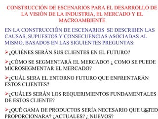 CONSTRUCCIÓN DE ESCENARIOS PARA EL DESARROLLO DE LA VISIÓN DE LA INDUSTRIA, EL MERCADO Y EL MACROAMBIENTE EN LA CONSTRUCCIÓN DE ESCENARIOS  SE DESCRIBEN LAS CAUSAS, SUPUESTOS Y CONSECUENCIAS ASOCIADAS AL MISMO, BASADOS EN LAS SIGUIENTES PREGUNTAS: ¿QUIÉNES SERÁN SUS CLIENTES EN EL FUTURO? ¿CÓMO SE SEGMENTARÁ EL MERCADO? ¿ COMO SE PUEDE MICROSEGMENTAR EL MERCADO? ¿CUÁL SERA EL ENTORNO FUTURO QUE ENFRENTARÁN ESTOS CLIENTES? ¿CUÁLES SERÁN LOS REQUERIMIENTOS FUNDAMENTALES DE ESTOS CLIENTE? ¿QUÉ GAMA DE PRODUCTOS SERÍA NECESARIO QUE USTED PROPORCIONARA? ¿ACTUALES? ¿ NUEVOS? 