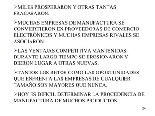 MILES PROSPERARON Y OTRAS TANTAS FRACASARON. MUCHAS EMPRESAS DE MANUFACTURA SE CONVIERTIERON EN PROVEEDORAS DE COMERCIO ELECTRÓNICOS Y MUCHAS EMPRESAS RIVALES SE ASOCIARON. LAS VENTAJAS COMPETITIVA MANTENIDAS DURANTE LARGO TIEMPO SE EROSIONARON Y DIERON LUGAR A OTRAS NUEVAS. TANTOS LOS RETOS COMO LAS OPORTUNIDADES QUE ENFRENTA LAS EMPRESAS DE CUALQUIER TAMAÑO SON MAYORES QUE NUNCA. HOY ES DIFICIL DETERMINAR LA PROCEDENCIA DE MANUFACTURA DE MUCHOS PRODUCTOS. 
