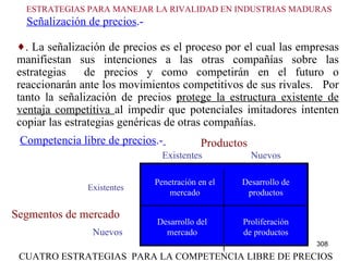 ESTRATEGIAS PARA MANEJAR LA RIVALIDAD EN INDUSTRIAS MADURAS Señalización de precios .-  . La señalización de precios es el proceso por el cual las empresas manifiestan sus intenciones a las otras compañías sobre las estrategias  de precios y como competirán en el futuro o reaccionarán ante los movimientos competitivos de sus rivales.  Por tanto la señalización de precios  protege la estructura existente de ventaja competitiva  al impedir que potenciales imitadores intenten copiar las estrategias genéricas de otras compañías. Competencia libre de precios .-   Productos CUATRO ESTRATEGIAS  PARA LA COMPETENCIA LIBRE DE PRECIOS Penetración en el mercado Desarrollo de productos Desarrollo del mercado Proliferación de productos Existentes Nuevos Existentes Nuevos Segmentos de mercado 