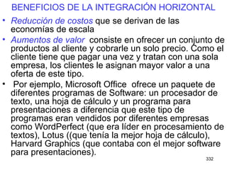 BENEFICIOS DE LA INTEGRACIÓN HORIZONTAL Reducción de costos  que se derivan de las economías de escala Aumentos de valor  consiste en ofrecer un conjunto de productos al cliente y cobrarle un solo precio. Como el cliente tiene que pagar una vez y tratan con una sola empresa, los clientes le asignan mayor valor a una oferta de este tipo. Por ejemplo, Microsoft Office  ofrece un paquete de diferentes programas de Software: un procesador de texto, una hoja de cálculo y un programa para presentaciones a diferencia que este tipo de programas eran vendidos por diferentes empresas como WordPerfect (que era líder en procesamiento de textos), Lotus ((que tenía la mejor hoja de cálculo), Harvard Graphics (que contaba con el mejor software para presentaciones). 