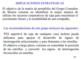 IMPLICACIONES ESTRATEGICAS   El objetivo de la matriz de portafolio del Grupo Consultor de Boston consiste en identificar la mejor manera de utilizar los recursos corporativos de caja para maximizar el crecimiento futuro y la rentabilidad de una compañía.   Las recomendaciones de este grupo incluyen las siguientes: El superávit de caja de cualquier vaca lechera puede utilizarse para apoyar el desarrollo de signos de interrogación seleccionados y para fomentar a las estrellas.  El objetivo a largo plazo, consiste en consolidar la posición de las estrellas  y convertir  los signos  de interrogación favorecidos en estrellas. 