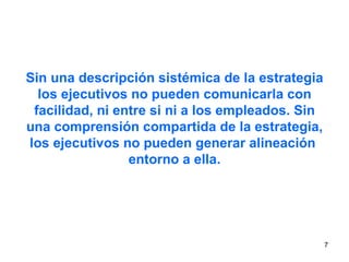 Sin una descripción sistémica de la estrategia los ejecutivos no pueden comunicarla con facilidad, ni entre si ni a los empleados. Sin una comprensión compartida de la estrategia, los ejecutivos no pueden generar alineación  entorno a ella. 
