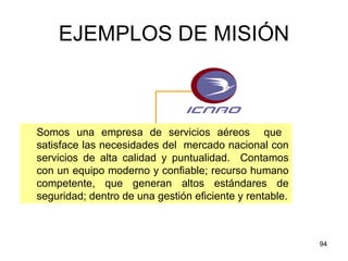 EJEMPLOS DE MISIÓN Somos una empresa de servicios aéreos  que  satisface las necesidades del  mercado nacional con servicios de alta calidad y puntualidad.  Contamos con un equipo moderno y confiable; recurso humano competente, que generan altos estándares de seguridad; dentro de una gestión eficiente y rentable. 