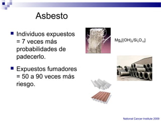 Asbesto
 Individuos expuestos
= 7 veces más
probabilidades de
padecerlo.
 Expuestos fumadores
= 50 a 90 veces más
riesgo.
National Cancer Institute 2009
Mg6[(OH)8/Si4O10]
 