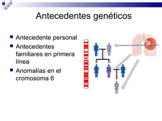 Antecedentes genéticos
 Antecedente personal
 Antecedentes
familiares en primera
línea
 Anomalías en el
cromosoma 6
National Cancer Institute 2009
 