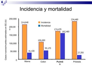 American Cancer Society: cancer facts and figures 2006
Incidencia
Mortalidad
Incidencia y mortalidad
Casosnuevos/muertesestimadosenEE.UU.
0
50,000
100,000
150,000
200,00
0
250,000
Mama Colon PulmóPulmó
nn
Próstata
 