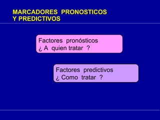 MARCADORES PRONOSTICOSMARCADORES PRONOSTICOS
Y PREDICTIVOSY PREDICTIVOS
Factores pronósticos
¿ A quien tratar ?
Factores predictivos
¿ Como tratar ?
 