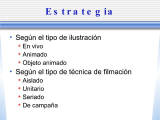 Estrategia Seg ún el tipo de ilustración En vivo Animado Objeto animado Seg ún el tipo de técnica de filmación Aislado Unitario Seriado De campa ña 