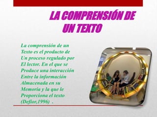 LA COMPRENSIÓN DE
               UN TEXTO
La comprensión de un
Texto es el producto de
Un proceso regulado por
El lector. En el que se
Produce una interacción
Entre la información
Almacenada en su
Memoria y la que le
Proporciona el texto
(Defior,1996) .
 