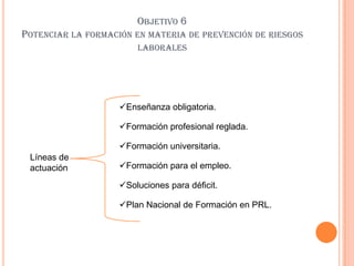 OBJETIVO 6
POTENCIAR LA FORMACIÓN EN MATERIA DE PREVENCIÓN DE RIESGOS
                        LABORALES




                    Enseñanza obligatoria.

                    Formación profesional reglada.

                    Formación universitaria.
 Líneas de
 actuación          Formación para el empleo.

                    Soluciones para déficit.

                    Plan Nacional de Formación en PRL.
 