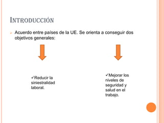 INTRODUCCIÓN
   Acuerdo entre países de la UE. Se orienta a conseguir dos
    objetivos generales:




                                               Mejorar los
           Reducir la
                                               niveles de
           siniestralidad
                                               seguridad y
           laboral.
                                               salud en el
                                               trabajo.
 