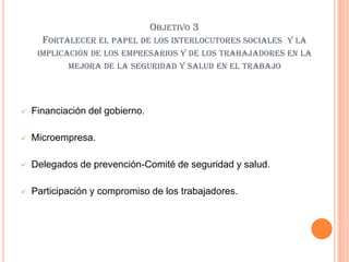 OBJETIVO 3
      FORTALECER EL PAPEL DE LOS INTERLOCUTORES SOCIALES Y LA
     IMPLICACIÓN DE LOS EMPRESARIOS Y DE LOS TRABAJADORES EN LA
            MEJORA DE LA SEGURIDAD Y SALUD EN EL TRABAJO




   Financiación del gobierno.

   Microempresa.

   Delegados de prevención-Comité de seguridad y salud.

   Participación y compromiso de los trabajadores.
 