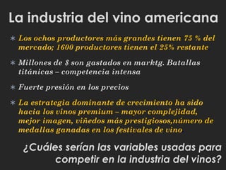 Variables de competencia del
sector de vinos
- Precio
- Imagen de élite
- Marketing directo
- Edad del Vino
- Viñedo
- Var...