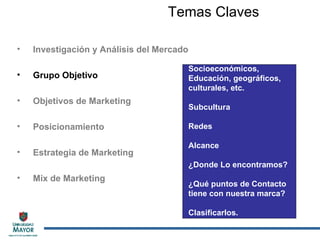 Investigación y Análisis del Mercado Grupo Objetivo Objetivos de Marketing Posicionamiento Estrategia de Marketing Mix de Marketing Temas Claves Socioeconómicos, Educación, geográficos, culturales, etc. Subcultura Redes Alcance ¿Donde Lo encontramos? ¿Qué puntos de Contacto tiene con nuestra marca? Clasificarlos. 