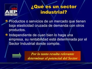 ¿Qué es un sector industrial? Productos o servicios de un mercado que tienen baja elasticidad cruzada de demanda con otros productos. Independiente de cuan bien lo haga una empresa, su rentabilidad está determinada por el Sector Industrial donde compite. Por lo tanto resulta relevante determinar el potencial del Sector 