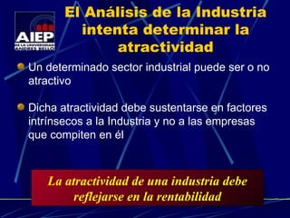 El Análisis de la Industria intenta determinar la atractividad Un determinado sector industrial puede ser o no atractivo Dicha atractividad debe sustentarse en factores intrínsecos a la Industria y no a las empresas que compiten en él La atractividad de una industria debe reflejarse en la rentabilidad 
