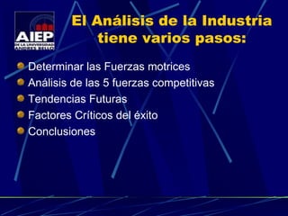 El Análisis de la Industria tiene varios pasos: Determinar las Fuerzas motrices Análisis de las 5 fuerzas competitivas Tendencias Futuras Factores Críticos del éxito Conclusiones 