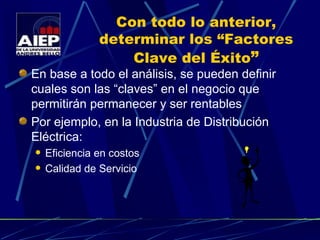 Con todo lo anterior, determinar los “Factores Clave del Éxito ” En base a todo el análisis, se pueden definir cuales son las “claves” en el negocio que permitirán permanecer y ser rentables Por ejemplo, en la Industria de Distribución Eléctrica: Eficiencia en costos Calidad de Servicio 