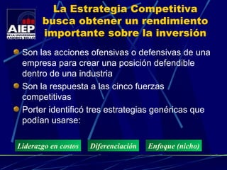 La Estrategia Competitiva busca obtener un rendimiento importante sobre la inversión Son las acciones ofensivas o defensivas de una empresa para crear una posición defendible dentro de una industria Son la respuesta a las cinco fuerzas competitivas Porter identificó tres estrategias genéricas que podían usarse: Liderazgo en costos Diferenciación Enfoque (nicho) 