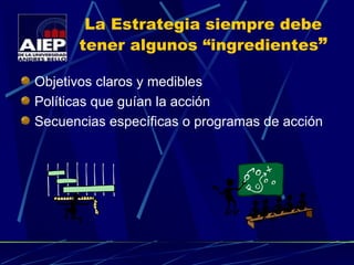 La Estrategia siempre debe tener algunos “ingredientes ” Objetivos claros y medibles Políticas que guían la acción Secuencias específicas o programas de acción 