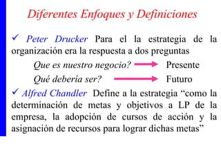 Diferentes Enfoques y Definiciones Peter Drucker  Para el la estrategia de la organización era la respuesta a dos preguntas  Que es nuestro negocio?  Presente Qué debería ser? Futuro Alfred Chandler  Define a la estrategia “como la determinación de metas y objetivos a LP de la empresa, la adopción de cursos de acción y la asignación de recursos para lograr dichas metas” 