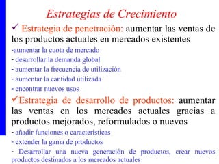 Estrategias de Crecimiento Estrategia de penetración:  aumentar las ventas de los productos actuales en mercados existentes aumentar la cuota de mercado desarrollar la demanda global aumentar la frecuencia de utilización aumentar la cantidad utilizada encontrar nuevos usos Estrategia de desarrollo de productos:   aumentar las ventas en los mercados actuales gracias a productos mejorados, reformulados o nuevos añadir funciones o características extender la gama de productos Desarrollar una nueva generación de productos, crear nuevos productos destinados a los mercados actuales 