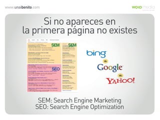 www.unaibenito.com
Si no apareces en
la primera página no existes
SEM: Search Engine Marketing
SEO: Search Engine Optimization
 
