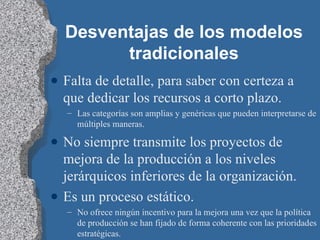 Desventajas de los modelos tradicionales Falta de detalle, para saber con certeza a  que dedicar los recursos a corto plazo.  Las categorías son amplias y genéricas que pueden interpretarse de múltiples maneras. No siempre transmite los proyectos de mejora de la producción a los niveles jerárquicos inferiores de la organización. Es un proceso estático. No ofrece ningún incentivo para la mejora una vez que la política de producción se han fijado de forma coherente con las prioridades estratégicas. 