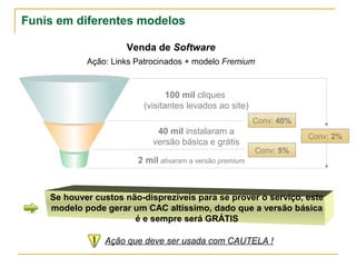 Funis em diferentes modelos

                     Venda de Software
            Ação: Links Patrocinados + modelo Fremium



                                100 mil cliques
                         (visitantes levados ao site)
                                                          Conv: 40%
                             40 mil instalaram a
                                                                      Conv: 2%
                            versão básica e grátis
                                                          Conv: 5%
                        2 mil ativaram a versão premium


        Se houver algum custo não-disprezível para se prover o
     serviço, este modelo pode gerar um CAC altíssimo, dado que a
                 versão básica é e sempre será GRÁTIS

                Ação que deve ser usada com CAUTELA !
 