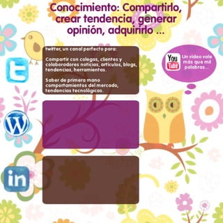 CONOCIMIENTO: Compartirlo, crear tendencia, generar opinión, adquirirlo...  twitter, un canal perfecto para: Compartir con colegas, clientes y colaboradores noticias, artículos, blogs, tendencias, herramientas. Saber de primera mano comportamientos del mercado, tendencias tecnológicas.  ¡Crea un Blog personal o de Empresa! Publica artículos técnicos o de opinión sobre tecnologías, tendencias, usabilidad de tus productos... GANAS: Reputación profesional, Establecimiento de Marca, ofreces información a tus clientes...  linkedin es una red social profesional Aumenta tu red de contactos. Crea y participa en Debates. Comparte tus publicaciones, vídeos, páginas web... PUEDES: Encontrar colaboradores, sinergias, empleo, conocimiento.... YOUTUBE... Un vídeo dice más que mil palabras.. http://www.it2b.es 