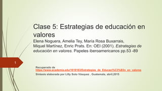 Clase 5: Estrategias de educación en
valores
Elena Noguera, Amelia Tey, María Rosa Buxarrais,
Miquel Martínez, Enric Prats. En: OEI (2001). Estrategias de
educación en valores. Papeles iberoamericanos pp.53 -89
Recuperado de
https://www.academia.edu/1618163/Estrategias_de_Educaci%C3%B3n_en_valores
Síntesis elaborada por Lilly Soto Vásquez . Guatemala, abril,2015
1
 