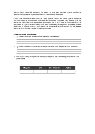 tiempo como parte del decorado del salón, ya que esto también puede resultar un
buen apoyo para que sigan aprendiendo los números ordinales.
Como una variante de este plan de clase puede pedir a los niños que se junten de
cinco en cinco y se numeren utilizando los números ordinales para formar una fila,
detrás de cada niño que representa un número del 1° al 5° que el resto del grupo se
ubique en el lugar que les corresponde, esto puede seguir apoyando la idea de que las
personas, u objetos cuando se colocan de manera ordenada en una fila se pueden
nombrar su ubicación con los números ordinales.
Observaciones posteriores:
1. ¿Cuáles fueron los aspectos más exitosos de la sesión?
__________________________________________________________________
__________________________________________________________________
__________________________________________________________________
2.

¿Cuáles cambios considera que deben hacerse para mejorar el plan de clase?
__________________________________________________________________
__________________________________________________________________
__________________________________________________________________

3. Por favor, califique el plan de clase con respecto a su claridad y facilidad de uso
para usted.

Muy útil

Útil

Uso limitado

Pobre

 