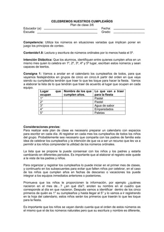 Educador (a):
Escuela:

CELEBREMOS NUESTROS CUMPLEAÑOS
Plan de clase 3/6
Fecha:
Grado:

Competencia: Utiliza los números en situaciones variadas que implican poner en
juego los principios de conteo.
Contenido1.8: Lectura y escritura de números ordinales por lo menos hasta el 5º.
Intención Didáctica: Que los alumnos, identifiquen entre quienes cumplen años en un
mismo mes quien lo celebra en 1º, 2º, 3º, 4º y 5º lugar, escriban estos números y sean
capaces de leerlos.
Consigna 1: Vamos a anotar en el calendario los cumpleaños de todos, para que
vayamos festejándolos en grupos de cinco en cinco.A partir del orden en que vaya
siendo su cumpleaños tendrán que traer lo que les toque para hacer la fiesta. Vamos
a elaborar la lista de lo que tendrán que traer de acuerdo al lugar que ocupen en cada
equipo.
Lugar
que Nombre de los que Lo que van a traer
ocupan
cumplen años.
para la fiesta
1°
Pastel
2°
Pastel
3°
Agua de sabor
4°
Emparedados
5°
Paletas

Consideraciones previas:
Para realizar este plan de clase es necesario preparar un calendario con espacios
para escribir en cada día. Al registrar en cada mes los cumpleaños de todos los niños
del grupo. Probablemente sea necesario que comparta con los padres de familia esta
idea de celebrar los cumpleaños y la intención de que va a ser un recurso que les va a
permitir a los niños comprender la utilidad de los números ordinales.
La lista que se propone la puede consensar con los niños y los padres y estarla
cambiando en diferentes periodos. Es importante que al elaborar el registro este quede
a la vista de los padres y niños.
Para organizar y registrar los cumpleaños lo puede iniciar en el primer mes de clases,
y continuarlo en los subsecuentes para evitar que falten niños por celebrar, en el caso
de los niños que cumplen años en fechas de descanso o vacaciones los puede
integrar a los equipos inmediatos anteriores o posteriores.
Promueva que los niños le proporcionen la información, por ejemplo ¿quiénes
nacieron en el mes de…? ¿en qué día?; anoten su nombre en el cuadro que
corresponde al día en que nacieron. Después vamos a identificar dentro de los cinco
primeros de quién es 1° su cumpleaños y hasta llegar al 5° y lo vamos a ir registrando
en la hoja del calendario, estos niños serán los primeros que traerán lo que les toque
para la fiesta.
Es importante que los niños se vayan dando cuenta que el orden de estos números es
el mismo que el de los números naturales pero que su escritura y nombre es diferente,

 