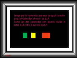 Tengo por lo tanto dos pedazos de igual tamaño  que sumados dan el valor  de $14. Como los dos cuadrados son iguales divido el total  $14 entre 2 que me da $7.  = + $7 $14 17/09/10 