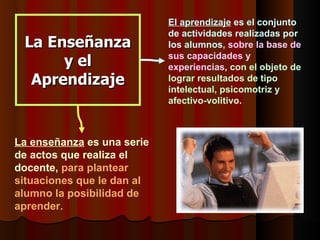 El aprendizaje es el conjunto
                            de actividades realizadas por
 La Enseñanza               los alumnos, sobre la base de
      y el                  sus capacidades y
                            experiencias, con el objeto de
  Aprendizaje               lograr resultados de tipo
                            intelectual, psicomotriz y
                            afectivo-volitivo.



La enseñanza es una serie
de actos que realiza el
docente, para plantear
situaciones que le dan al
alumno la posibilidad de
aprender.
 