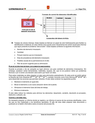 La Estrategia de las                5S                                                                    por: Edgar Piña




            Tarjetas de colores intensos. Estas tarjetas se fabrican en papel de color fosforescente para facilitar su
            identificación a distancia. El color intenso sirve ayuda como mecanismos de control visual para informar
            que sigue presente el problema "denunciado". Estas tarjetas contienen la siguiente información:
            •     Nombre del elemento innecesario
            •     Cantidad.
            •     Porqué creemos que es innecesario
            •     Área de procedencia del elemento innecesario
            •     Posibles causas de su permanencia en el sitio
            •     Plan de acción sugerido para su eliminación.
PLAN DE ACCIÓN PARA RETIRAR LOS ELEMENTOS INNECESARIOS.
Durante la jornada o día de campaña se logró eliminar una gran cantidad de elementos innecesarios. Sin
embargo, quedaron varias herramientas, materiales, equipos, etc. que no se pudieron retirar por problemas
técnicos o por no tener una decisión clara sobre que hacer con ellos.
Para estos materiales se debe preparar un plan para eliminarlos gradualmente. En este punto se podrá aplicar
la filosofía del Ciclo Shewhart (Planificar Hacer Verificar Actuar), también conocido como Ciclo Deming (Plan Do Study Act)
                                                 P                                                         P




para desarrollar las acciones que permitan retirarlos. El plan debe contener los siguientes puntos:
      •     Mantener el elemento en igual sitio.
      •     Mover el elemento a una nueva ubicación dentro de la planta.
      •     Almacenar el elemento fuera del área de trabajo.
      •     Eliminar el elemento.
El plan debe indicar los métodos para eliminar los elementos: desecharlo, venderlo, devolverlo al proveedor,
destruirlo o utilizarlo, etc.
CONTROL E INFORME FINAL.
Es necesario preparar un informe donde se registre y se informe el avance de las acciones planificadas, como
las que se han implantado y los beneficios aportados. El jefe del área debe preparar este documento y
publicarlo en el tablón informativo sobre el avance del proceso 5S.




                                                                             ©
Compilación y Desarrollo: Rogelio   Carrillo Penso   Gotas de Conocimiento                          06.01.07 Pag. 17 de 40
 