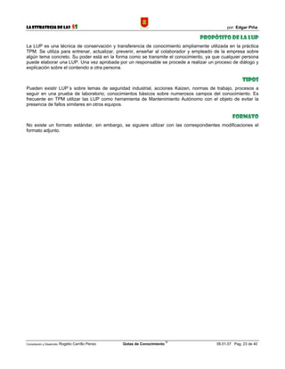 La Estrategia de las                5S                                                      por: Edgar Piña

                                                                                 Propósito de la LUP
La LUP es una técnica de conservación y transferencia de conocimiento ampliamente utilizada en la práctica
TPM. Se utiliza para entrenar, actualizar, prevenir, enseñar al colaborador y empleado de la empresa sobre
algún tema concreto. Su poder está en la forma como se transmite el conocimiento, ya que cualquier persona
puede elaborar una LUP. Una vez aprobada por un responsable se procede a realizar un proceso de diálogo y
explicación sobre el contenido a otra persona.

                                                                                                    Tipos
Pueden existir LUP´s sobre temas de seguridad industrial, acciones Kaizen, normas de trabajo, procesos a
seguir en una prueba de laboratorio, conocimientos básicos sobre numerosos campos del conocimiento. Es
frecuente en TPM utilizar las LUP como herramienta de Mantenimiento Autónomo con el objeto de evitar la
presencia de fallos similares en otros equipos.

                                                                                               Formato
No existe un formato estándar, sin embargo, se siguiere utilizar con las correspondientes modificaciones el
formato adjunto.




                                                                             ©
Compilación y Desarrollo: Rogelio   Carrillo Penso   Gotas de Conocimiento             06.01.07 Pag. 23 de 40
 