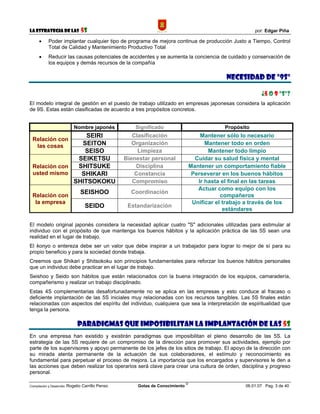 La Estrategia de las                5S                                                                        por: Edgar Piña

      •     Poder implantar cualquier tipo de programa de mejora continua de producción Justo a Tiempo, Control
            Total de Calidad y Mantenimiento Productivo Total
      •     Reducir las causas potenciales de accidentes y se aumenta la conciencia de cuidado y conservación de
            los equipos y demás recursos de la compañía

                                                                                                   Necesidad de "9S"

                                                                                                                 ¿5 O 9 "S"?
El modelo integral de gestión en el puesto de trabajo utilizado en empresas japonesas considera la aplicación
de 9S. Estas están clasificadas de acuerdo a tres propósitos concretos.


                            Nombre japonés               Significado                              Propósito
                  SEIRI                                 Clasificación                    Mantener sólo lo necesario
 Relación con
  las cosas     SEITON                                  Organización                       Mantener todo en orden
                 SEISO                                    Limpieza                          Mantener todo limpio
               SEIKETSU                              Bienestar personal                Cuidar su salud física y mental
 Relación con  SHITSUKE                                  Disciplina                  Mantener un comportamiento fiable
 usted mismo    SHIKARI                                  Constancia                   Perseverar en los buenos hábitos
              SHITSOKOKU                                Compromiso                      Ir hasta el final en las tareas
                                                                                        Actuar como equipo con los
                                SEISHOO                Coordinación
 Relación con                                                                                    compañeros
  la empresa                                                                          Unificar el trabajo a través de los
                                     SEIDO            Estandarización
                                                                                                  estándares

El modelo original japonés considera la necesidad aplicar cuatro "S" adicionales utilizadas para estimular al
individuo con el propósito de que mantenga los buenos hábitos y la aplicación práctica de las 5S sean una
realidad en el lugar de trabajo.
El konyo o entereza debe ser un valor que debe inspirar a un trabajador para lograr lo mejor de sí para su
propio beneficio y para la sociedad donde trabaja.
Creemos que Shikari y Shitsokoku son principios fundamentales para reforzar los buenos hábitos personales
que un individuo debe practicar en el lugar de trabajo.
Seishoo y Seido son hábitos que están relacionados con la buena integración de los equipos, camaradería,
compañerismo y realizar un trabajo disciplinado.
Estas 4S complementarias desafortunadamente no se aplica en las empresas y esto conduce al fracaso o
deficiente implantación de las 5S iniciales muy relacionadas con los recursos tangibles. Las 5S finales están
relacionadas con aspectos del espíritu del individuo, cualquiera que sea la interpretación de espiritualidad que
tenga la persona.

                              PARADIGMAS QUE IMPOSIBILITAN LA IMPLANTACIÓN DE LAS 5S
En una empresa han existido y existirán paradigmas que imposibilitan el pleno desarrollo de las 5S. La
estrategia de las 5S requiere de un compromiso de la dirección para promover sus actividades, ejemplo por
parte de los supervisores y apoyo permanente de los jefes de los sitios de trabajo. El apoyo de la dirección con
su mirada atenta permanente de la actuación de sus colaboradores, el estímulo y reconocimiento es
fundamental para perpetuar el proceso de mejora. La importancia que los encargados y supervisores le den a
las acciones que deben realizar los operarios será clave para crear una cultura de orden, disciplina y progreso
personal.

                                                                                 ©
Compilación y Desarrollo: Rogelio   Carrillo Penso       Gotas de Conocimiento                            06.01.07 Pag. 3 de 40
 